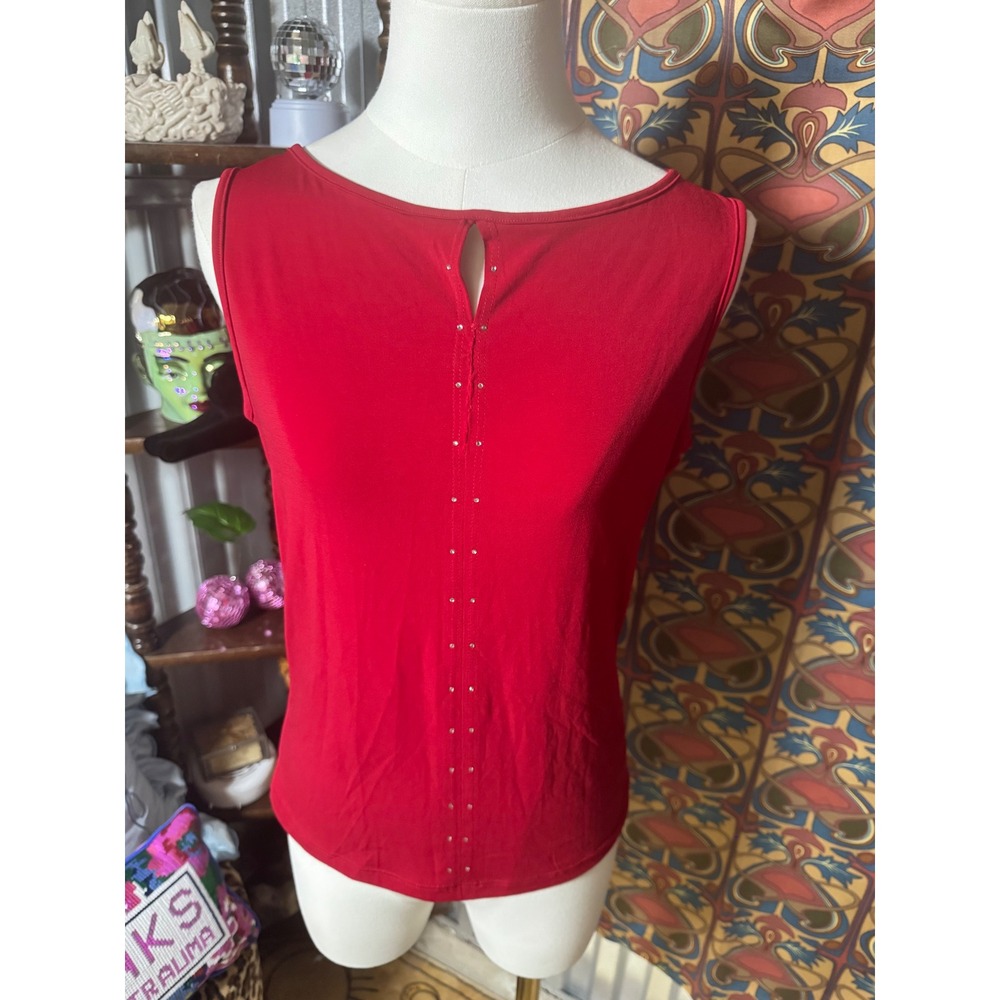 Rave Red Sleeveless Top‎ with Rhinestone Detail, Boat Neck, USA Made Y2K